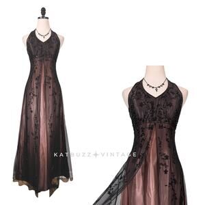 Vintage Nightway Prom Dress 6 Brown Black Maxi Gown Fairy Goth 90S Y2K Mesh Bead